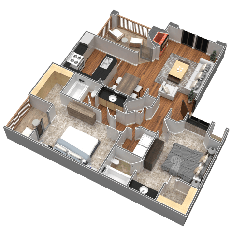 Floor plan for 2 beds, 2 baths, 995 sqft